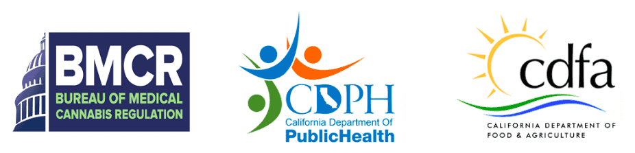 Logos of three organizations are shown from left to right: Bureau of Medical Cannabis Regulation (BMCR) with a leaf symbol, California Department of Public Health (CDPH) with abstract human figures, and California Department of Food and Agriculture (CDFA) with a sun and wave design. These entities work under the Governor's regulations for medical marijuana in the state.
 CA Norml