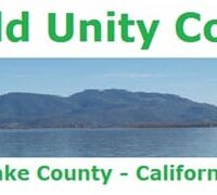 The image contains the text "Emerald Unity Coalition" at the top in green letters, with a photo of a calm lake and a mountainous background beneath it. As part of the MMCA Campaign, below the photo, the text reads "Lake County - California" in green letters. CA Norml