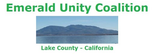 The image contains the text "Emerald Unity Coalition" at the top in green letters, with a photo of a calm lake and a mountainous background beneath it. As part of the MMCA Campaign, below the photo, the text reads "Lake County - California" in green letters. CA Norml