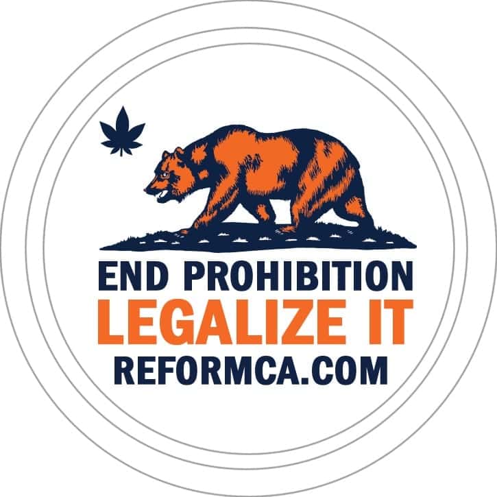 A circular logo features a walking bear and a cannabis leaf silhouette. The text reads "End Prohibition" and "Legalize It" in bold, with "reformca.com" below. Predominantly blue and orange, this 2016 design by ReformCA champions the call to legalize marijuana. CA Norml