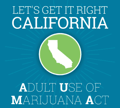 A graphic with a blue background features the text "Let's Get It Right California" in white at the top. Below is a green circle containing the white silhouette of California. The bottom text reads "Adult Use of Marijuana Act," highlighting the state's initiative on marijuana legalization. CA Norml