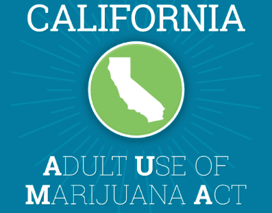 A graphic with a teal background features the text "CALIFORNIA" at the top, a green circle with the white silhouette of the state of California in the center, and the text "ADULT USE OF MARIJUANA ACT (AUMA)" at the bottom. Radiating lines surround the circle. CA Norml