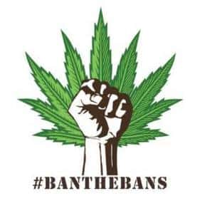 A raised clenched fist is depicted in front of a cannabis leaf, symbolizing defiance and unity. Below the imagery, the text "#BanTheBans" encourages getting active locally to protect freedoms. CA Norml