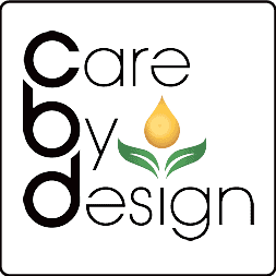 Logo for "Care By Design" in black text, arranged with varying font sizes and orientations. The "y" features a golden oil drop with green leaves underneath, resembling a plant. Inspired by California's flourishing natural resources, the clean, modern design is framed by a thin black border. CA Norml