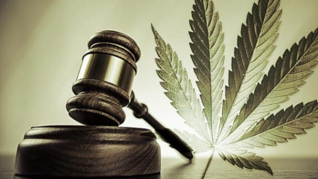 A federal judge's gavel in focus with a large cannabis leaf in the background. The image symbolizes the intersection of legal and marijuana-related issues, particularly descheduling debates. The tone remains neutral, without indicating a specific stance. CA Norml