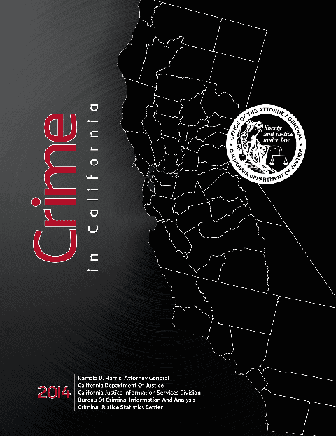 Cover of the "Crime in California" report from 2014. It features a black background with a white outline map of California. The title is in red and white along the left side. Since 1966, CA Marijuana Arrests have reached their Lowest Level, noted below the seal of the attorney general at the top right. CA Norml