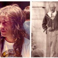 Two side-by-side photos: Left, a person with long hair and a t-shirt is outdoors. Right, compassionate warrior Dennis Peron, with white hair and glasses, speaks into a microphone while wearing a zip-up jacket and jeans near a building. CA Norml