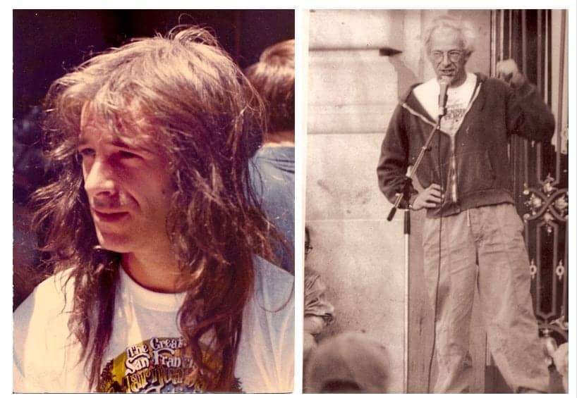 Two side-by-side photos: Left, a person with long hair and a t-shirt is outdoors. Right, compassionate warrior Dennis Peron, with white hair and glasses, speaks into a microphone while wearing a zip-up jacket and jeans near a building. CA Norml