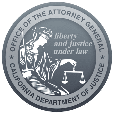 Seal of the California Department of Justice Office of the Attorney General, depicting a blindfolded Lady Justice holding scales. The words "liberty and justice under law" are inscribed above her. The outer circle reads "Office of the Attorney General California Department of Justice 2013. CA Norml