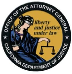 Seal of the Office of the Attorney General, California Department of Justice. Shows Lady Justice holding scales and a sword, with the text "liberty and justice under law." The outer ring has the office name. Lady Justice is depicted in warrior-like attire, symbolizing California's commitment post-Prop. 47 reforms. CA Norml