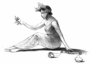 A black and white sketch depicts a seated woman wearing a blindfold and a flowing dress. She holds olive branches in one hand and balances a set of scales with the other. The scales, perhaps influenced by Prop. 64, lie unbalanced on the ground beside her, symbolizing sentence reductions and lesser charges. CA Norml