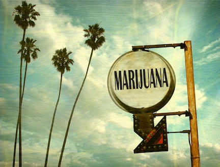 A vintage-style sign with the word "MARIJUANA" and a red arrow, set against a sky with scattered clouds and tall palm trees, reminiscent of the California NORML Law Seminar in Oakland, CA on February 18, 2017. The scene has a nostalgic, slightly worn appearance. CA Norml