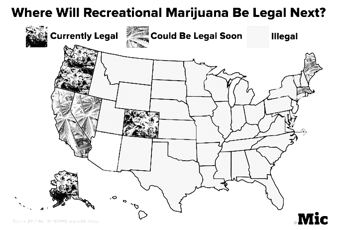 A map of the United States labeled "Where Will Recreational Marijuana Be Legal Next?" with states shaded to indicate the status of Prop. 64 and overall marijuana legalization. States are marked as Currently Legal, Could Be Legal Soon, or Illegal. Includes data sources at the bottom. CA Norml