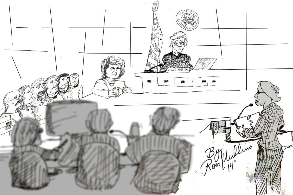 A courtroom sketch shows a judge presiding over a court hearing, a witness in the box, and a lawyer questioning the witness while the jury listens intently to the left. The scene includes US Government fixtures like a flag, seal, and nameplates. The sketch is signed "By Ron Collins, '14". CA Norml