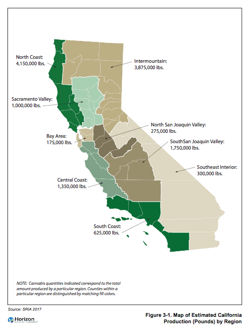 Map showing the estimated cannabis production in pounds by region in California, according to SRIA 2017. Key regions include North Coast with 4,150,000 lbs., Central Coast with 625,000 lbs., and Intermountain with 3,875,000 lbs. Other regions are also labeled in this Cannabis Cultivation report. CA Norml