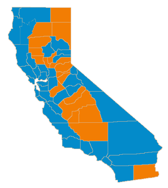 A map of California with counties outlined and filled in two colors: blue and orange. Orange counties, reflecting support for Prop. 64, are concentrated in the central and eastern regions, while blue counties are mostly in the northern and southern parts of the state. CA Norml