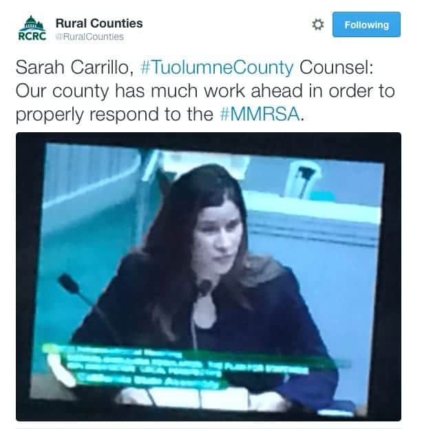 A screenshot of a tweet from "Rural Counties" shows Sarah Carrillo, Tuolumne County Counsel, discussing work needed for MMRSA compliance. Speaking into a microphone at a formal event, she emphasized the county's preparedness and referenced Woods Fix as part of the strategy. CA Norml