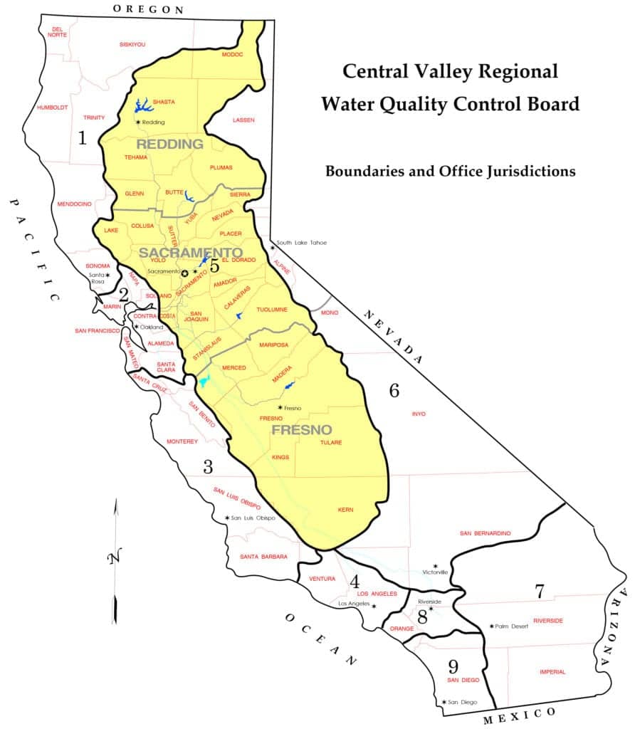 Map of California outlining the Central Valley Water Board's boundaries and office jurisdictions, including regions numbered 1 through 11. Highlighted areas include Redding (Region 5), Sacramento (Region 5), and Fresno (Region 5F). Important for Fish & Wildlife management and monitoring activities of marijuana farmers. CA Norml