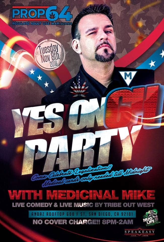 A promotional poster for a Prop 64 party featuring a man with a goatee and mustache, titled "YES ON 64 PARTY." Celebrate Election Night Parties with live comedy and music by Medicinal Mike on November 8th, 2016, at Andaz Rooftop, San Diego, CA. The event is from 8 PM to 2 AM, with no cover charge. CA Norml