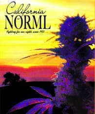 A vibrant, artistic poster with a cannabis plant in the foreground against a colorful sunset. The text at the top reads "CaNORML" and below it, "Fighting for our rights since 1972." The plant is depicted in purples and blues, spotlighting California's priority licensing for cannabis cultivation. CA Norml