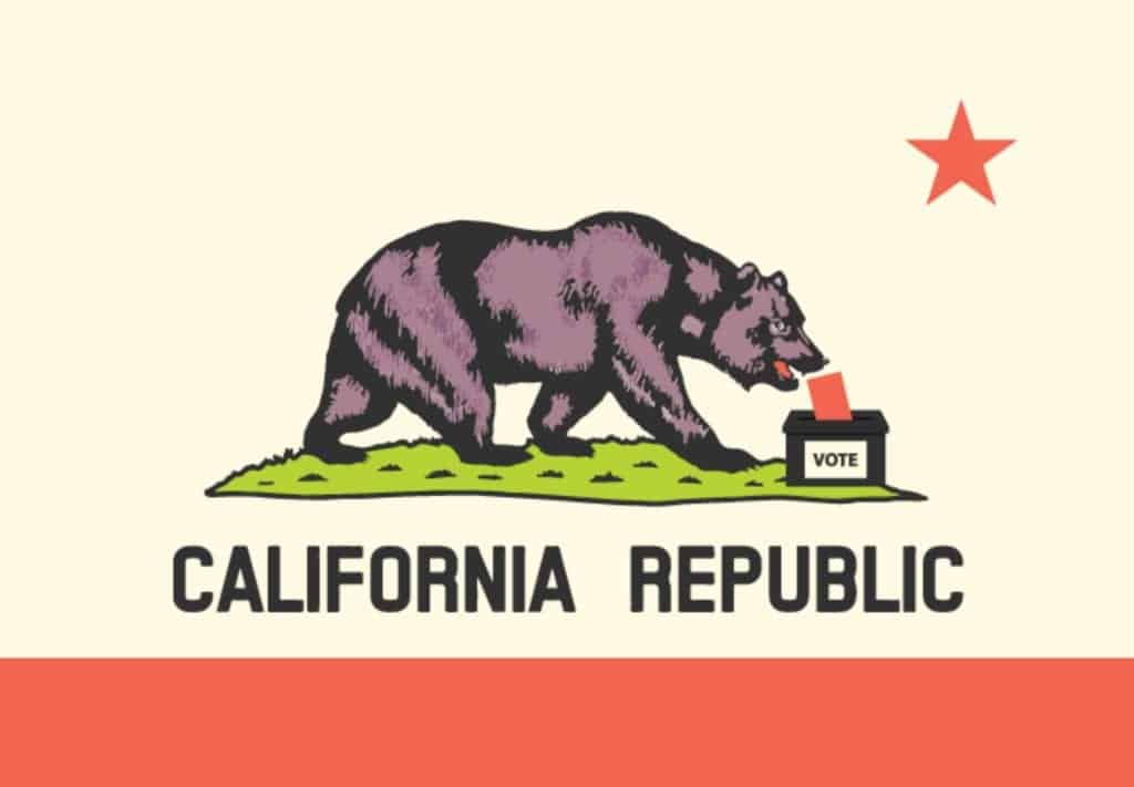 The image depicts the California state flag with a modification: a bear is placing a ballot into a voting box labeled "VOTE," symbolizing citizens' engagement in decisions like California Prop 64 Marijuana Law. The flag retains its traditional elements, including the bear, a red star, and the text "CALIFORNIA REPUBLIC. CA Norml