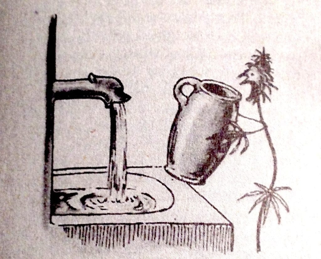 A black-and-white illustration depicts a plant with a human-like face and leaves as arms, holding a jug. The plant, reminiscent of California's diverse flora, is positioned next to a sink with a water faucet, and the jug is being filled with water from the tap amid drought concerns. CA Norml