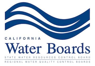 Logo of the California Water Boards, featuring blue wave designs above the text. The text reads "California Water Boards," followed by "State Water Resources Control Board" and "Regional Water Quality Control Boards." Draft regulations on cannabis cultivation are managed by the State Water Board. CA Norml