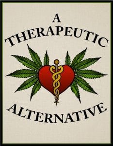 A logo featuring a red heart with a gold caduceus in the center, surrounded by green cannabis leaves. The words "A Therapeutic Alternative" are written above and below the heart, accompanied by "Annual Lobby Day" in Sacramento. CA Norml