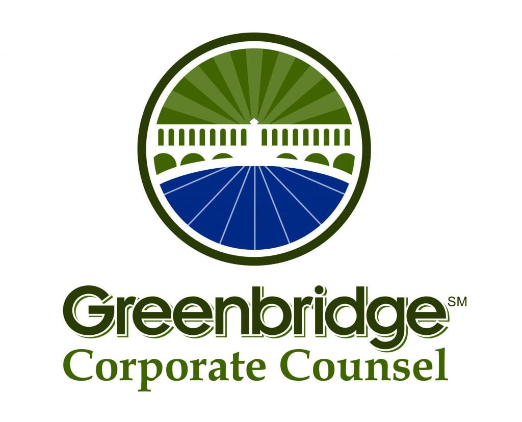 Logo of Greenbridge Corporate Counsel featuring a circular emblem above the company's name. The emblem depicts a green bridge over a blue river, with a sunburst backdrop, symbolizing their participation in Sacramento's Annual Lobby Day. The text "Greenbridge Corporate Counsel" is displayed below in green and blue fonts. CA Norml