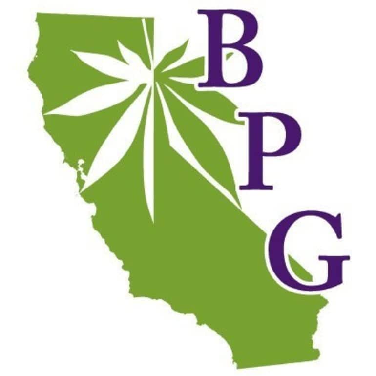 A green outline of the state of California with a stylized cannabis leaf overlay. The letters "BPG" in purple are arranged vertically on the right side of the state outline, symbolizing our presence in Sacramento for Annual Lobby Day on May 6. CA Norml