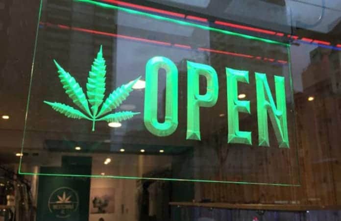 A bright green sign with a cannabis leaf and the word "OPEN" is displayed in the window of a store. The background shows the interior of the store with various items and posters promoting regulated cannabis, indicative of its presence in local markets. CA Norml