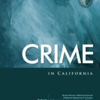 Cover image of the report titled "Crime in California." The background features a textured blue-green design. The title "CRIME" is prominently displayed in bold white letters, with "IN CALIFORNIA" beneath it in smaller text. The publication year, CA 2018, appears at the bottom. CA Norml