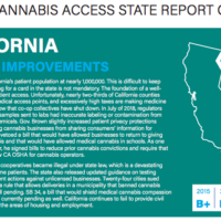 An image shows the "Medical Cannabis Access Report Card 2019" for CA, with a B+ grade. Improvements from 2018-2019 are noted, despite challenges like maintaining a well-functioning program and decreased participation. A timeline from 2015 to 2019 displays grades of B or B+. CA Norml