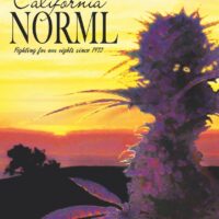 Poster displaying a cannabis plant silhouette against a vibrant sunset background. The text reads "California NORML" and "Fighting for our rights since 1972, advocating Medical Marijuana." The foreground features detailed cannabis leaves and buds. CA Norml