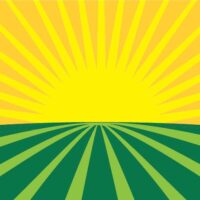 Illustration of a bright yellow sun rising or setting above a green field. Sun rays extend outwards, filling the sky with a gradient of yellow to orange, while green stripes extend from the bottom, creating a sense of depth in the field—a perfect backdrop for the California Cannabis Business Conference hosted by NCIA. CA Norml