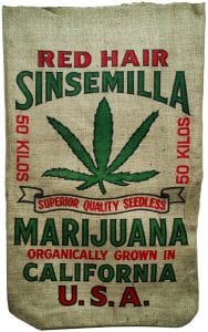 A burlap sack labeled "RED HAIR SINSEMILLA MARIJUANA," featuring a large green cannabis leaf illustration. Text reads "SUPERIOR QUALITY SEEDLESS," "50 KILOS," and notes that it is "Organically Grown in California U.S.A." on a beige background. Perfect as a Thank You Gift for joining Cal NORML! CA Norml