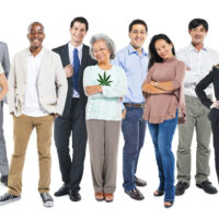 A diverse group of 12 adults stand in a row, facing the camera. They are dressed in a variety of outfits ranging from casual to business attire. One woman is holding a cannabis leaf symbol on her shirt, representing Cal NORML's 2019 accomplishments. The background is plain white. CA Norml