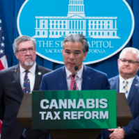 Three men stand at a podium with a "Cannabis Tax Reform" sign. Behind them are the American and CA flags, along with a blue backdrop featuring a government building and text reading "THE STATE CAPITOL SACRAMENTO, CALIFORNIA. CA Norml