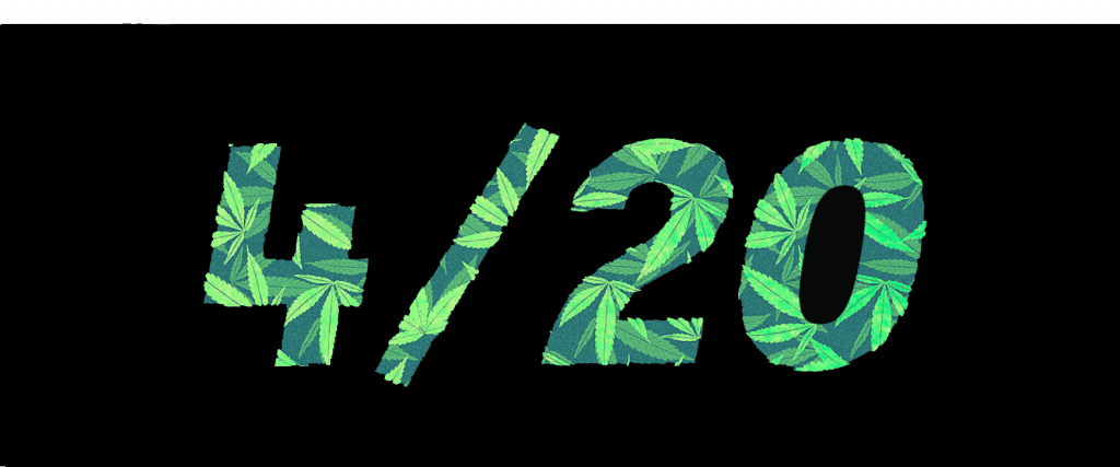 4/20" written with text filled with green cannabis leaves pattern on a black background, celebrating the community spirit fostered by Cal NORML's memberships and events. CA Norml