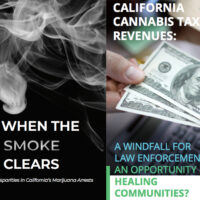 Split image with the left half showing white smoke on a black background with text "WHEN THE SMOKE CLEARS: Racial Arrest Disparities in California's Cannabis Industry." The right half shows hands exchanging U.S. dollar bills with text "CALIFORNIA CANNABIS TAX REVENUES: A WINDFALL FOR LAW ENFORCEMENT OR AN OPPORTUNITY FOR HEAL CA Norml