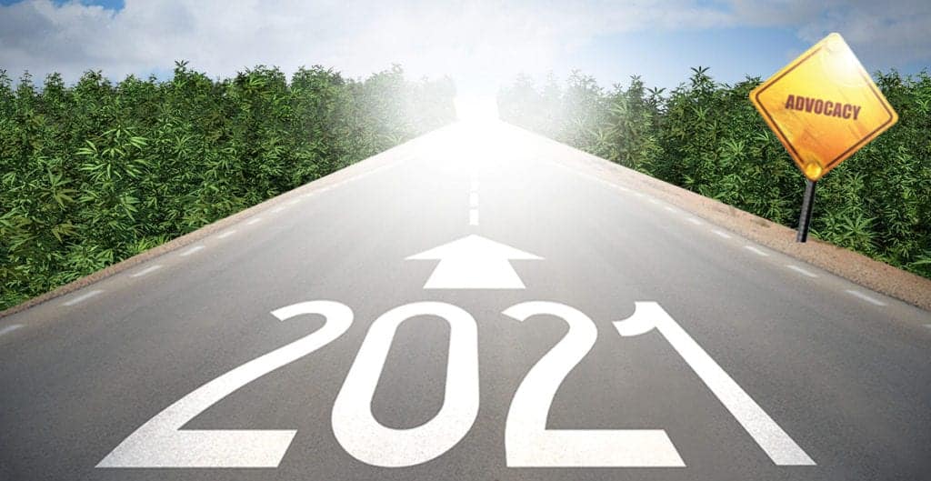 A straight road stretches into a bright light, with "2021" and a forward-pointing arrow painted on it. On the right, a yellow road sign with the word "ADVOCACY" stands near dense green foliage under a partly cloudy California sky. CA Norml