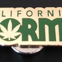 A pin celebrating California NORML's 2020 accomplishments, featuring the text "Cal NORML," with the "O" stylized as a cannabis leaf. The text is in green on a gold background. The pin has a shiny, metallic appearance. CA Norml