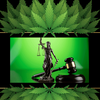 A statue of Lady Justice and a gavel are set against a green background, framed with cannabis leaves at the top and bottom, hinting at a California NORML Legal Seminar from June 2021. The scales of justice are held high in the statue’s left hand. CA Norml