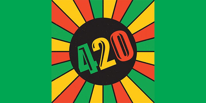 A vibrant graphic with the number "420" in the center, displayed in red, yellow, and green colors. Radiating outward from a black circle are alternating rays of the same colors, creating a sunburst pattern. The background is solid green, celebrating Cal NORML Events with flair. CA Norml