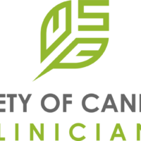 A logo for the Society of Cannabis Clinicians, emphasizing Medical Cannabis expertise. It features a stylized green cannabis leaf above the text. "Society of Cannabis" is written in uppercase gray letters, and "Clinicians" in uppercase green letters below. The background is bright green. CA Norml