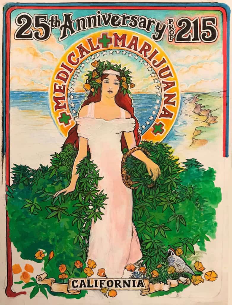 A vibrant poster celebrates the 25th anniversary of California's Prop 215 for medical marijuana. Featuring a woman in a flowing white dress with a floral crown surrounded by cannabis plants, it announces the San Francisco event and reception for this milestone. "25th Anniversary Prop 215 Medical Marijuana" is prominently displayed.
 CA Norml