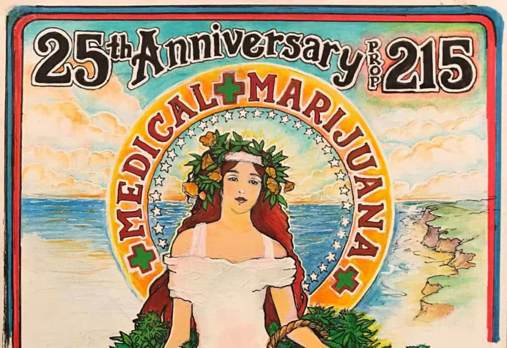 An illustrated poster featuring a woman in a white dress with a wreath of leaves, commemorating the 25th anniversary of Proposition 215 for medical marijuana. The ocean and cliffs are depicted in the background, with "Medical Marijuana" and "25th Anniversary Prop 215" text highlighting the San Francisco event and reception to celebrate. CA Norml