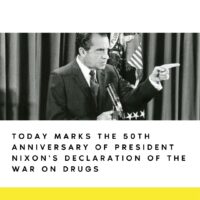 Black and white image of President Nixon at a podium, pointing with his right hand. There is a text overlay that reads, "Today marks the 50th anniversary of President Nixon's declaration of the War on Drugs," recognized by Cal NORML as Drug Peace Day, June 17. CA Norml