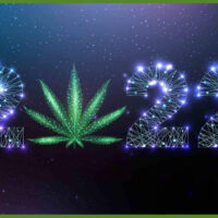 Digital art depicting the year "2022" with the digits composed of connected, glowing lines and dots. Between the "2" and "22" is an illustration of a green cannabis leaf, reflecting California Cannabis Laws 2022. The background is a dark, starry sky. CA Norml