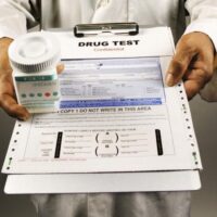 A person in a white coat holds a clipboard with "DRUG TEST" written on a form, alongside a labeled specimen cup. The form is filled out and marked "Confidential." In California, employment rights legislation protects cannabis users, ensuring their tests are conducted fairly. The background is neutral. CA Norml